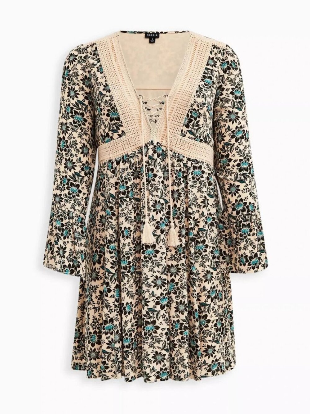 Torrid Mini Gauze Lace-Up Floral Skater V Neck Dress Beige 1 1X 14 16 NWOT - Picture 1 of 7